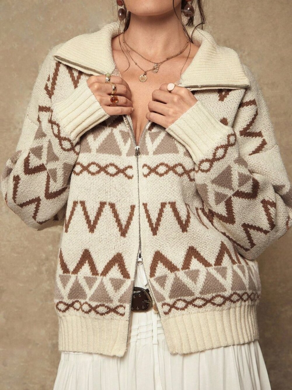 Beige Casual Women's Plus Size Geometric Print Zip-Up Cardigan